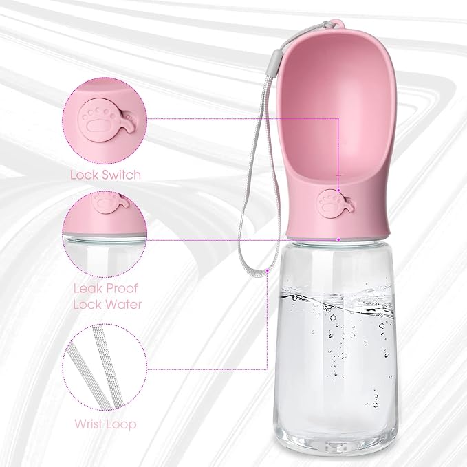 Kalimdor Dog Water Bottle, Leak Proof Portable Puppy Water Dispenser with Drinking Feeder for Pets Outdoor Walking, Hiking, Travel, Food Grade Plastic (19oz Pink)