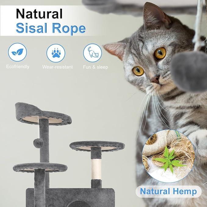 FDW | 54" Cat Tree Tower | Light Gray | Multi-Level Indoor Activity Center | with Sisal Scratching Posts, Condos, Plush Perches, Hanging Cat Toys | Sturdy, Easy to Assemble | for Kittens & Adult Cats