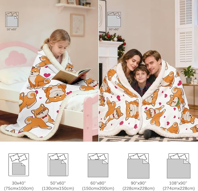 BlessLiving Cute Watercolor Dogs Pattern Fleece Blanket Shiba Inu Puppy Sherpa Reversible Throw Animal Print Plush Blanket (Twin, 60 x 80 Inches)