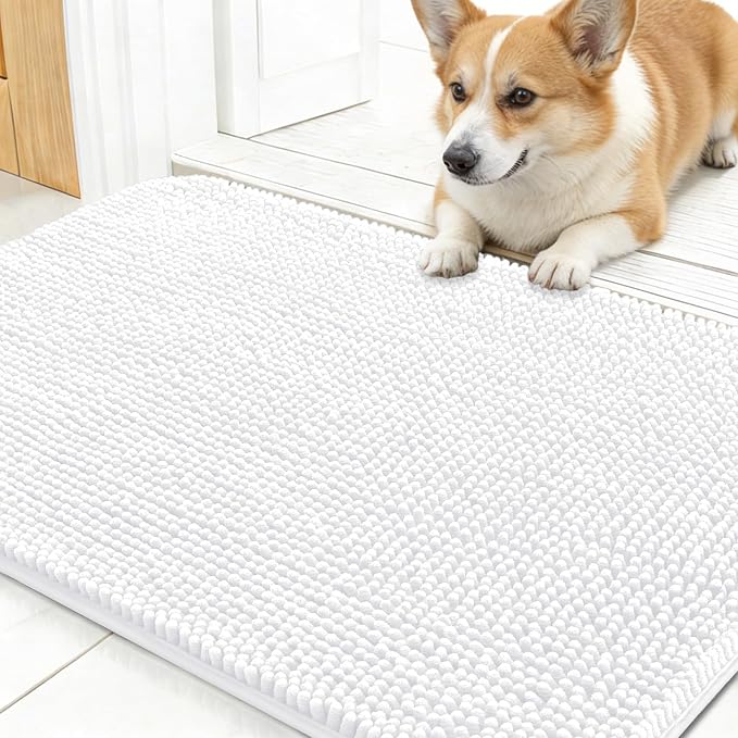 OLANLY Dog Door Mat for Muddy Paws 24x16, Super Absorbent Chenille Mud Mat | White, Absorbs Moisture and Dirt, Non-Slip Machine Washable Doormat, Quick-Drying Indoor Entryway Floor Carpet for Dogs