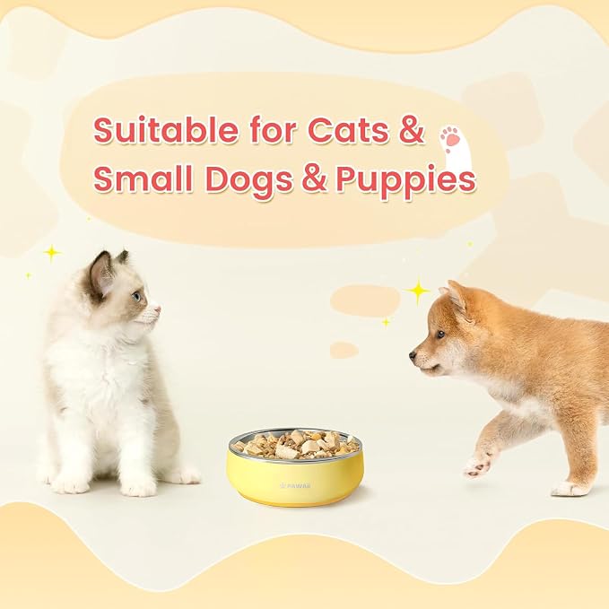 Pawaii Small Dog Bowls, 12 oz. Food Water Bowl Designed for Puppies and Cats with Non-Slip Rubber Base, Upgraded Metal Insulated, Double Stainless Steel Bowls, Cheese Yellow | Double-Wall Design,Smooth Open Bowl Design,Easy-Rinse Interior,Wide Bowl Ope...