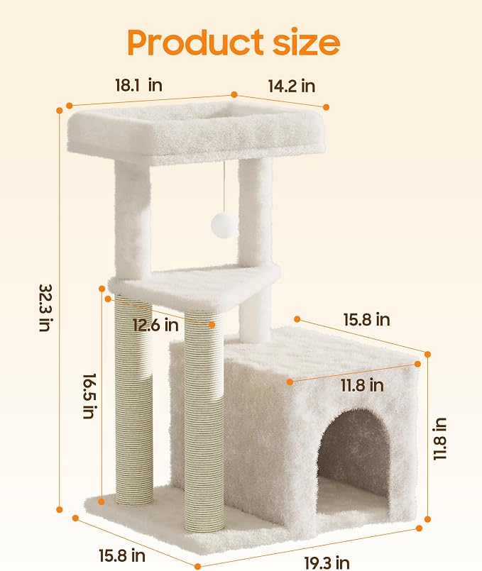 Cat Tree Tower for Indoor Cats, 33 Inches Multi-Level Cat Condo with Scratching Posts, Large Perch, Hanging Toy for Large Adult Cats, Beige