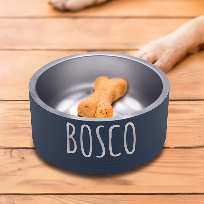 My Personal Memories Custom Personalized Stainless Steel Dog or Cat Bowl for Water and Food - Engraved Pet Bowl with Non Slip Bottom (Medium - 32 Ounces, Navy Blue)
