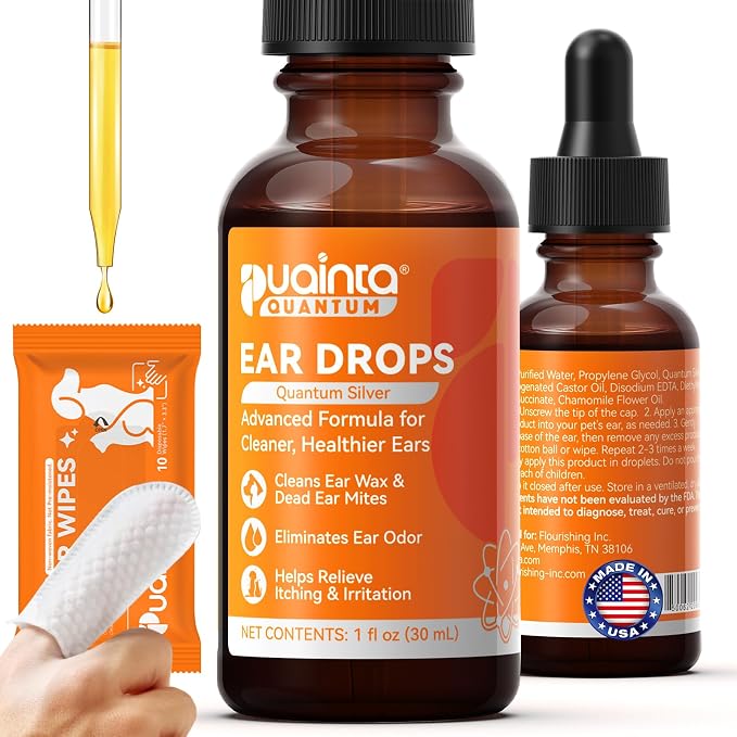 Dog Ear Cleaner Drops for Infection Treatment - 1 Fl Oz | Vet Formulated Patented Quantum Silver Water-Based Drops Soothe Ear Itching, Irritation, Cleans Wax, Odor, Free Finger Cots