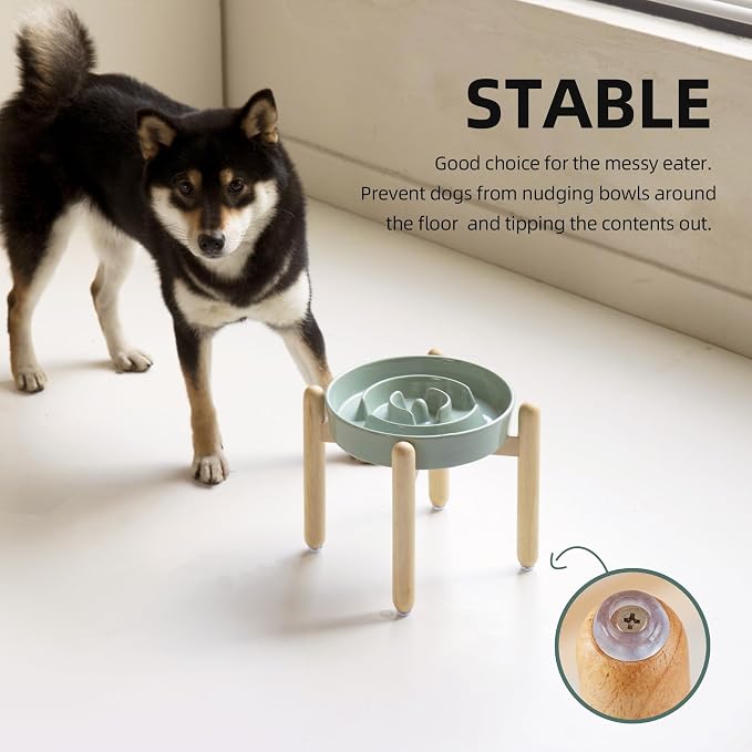 Havniva 8.2” Raised Slow Feeder Dog Bowls, 1.6 Cups Ceramic Dog Bowl Slow Feeding for Medium Breed, Elevated Puzzle Dog Food Bowl with Wooden Stand Non-Slip Anti-Gulping & Anti-Choking