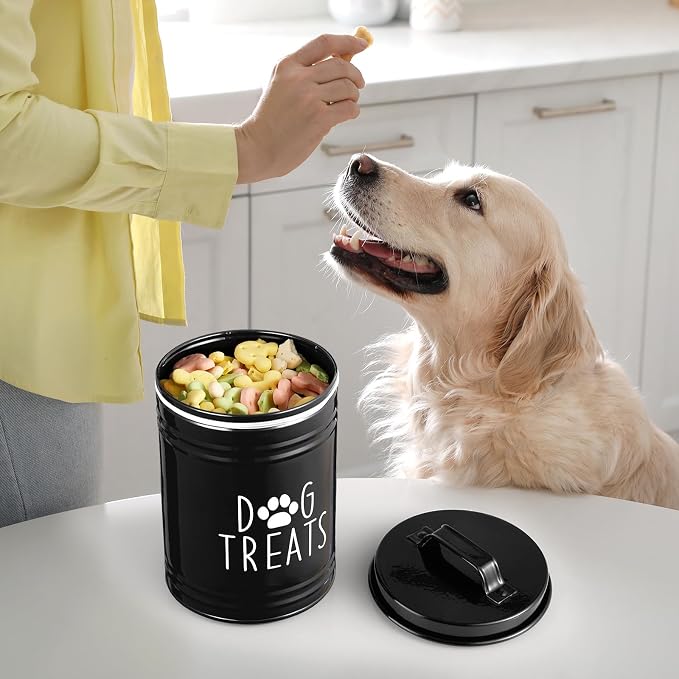 OUTNILI Extra Large Dog Treat Container Airtight - 9" Tall X 6" Round Black Dog Treat Jar for Kitchen Counter - Rustic Treat Storage Canister for Dogs, Cats, Small Animals