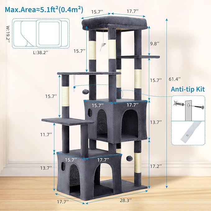 61" Large Cat Tree Tower for Indoor Cats, Heavy-Duty Multi-Level Cat Condo for Maine Coon & Big Cats with Extra-Large Perch, 2 Spacious Houses, Sisal Scratching Posts & Hanging Toys-Dark Gray