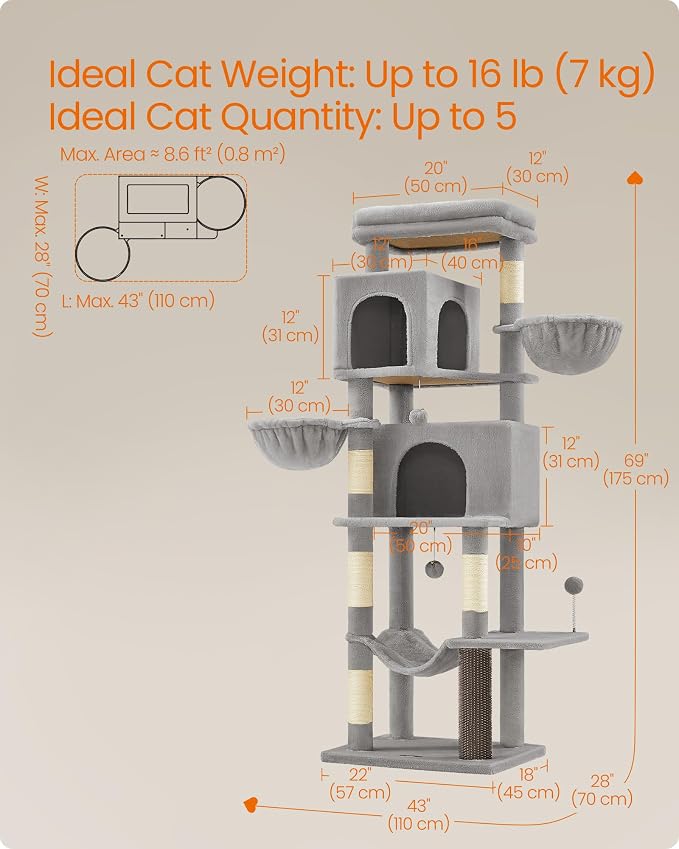 Feandrea Cat Tree, 69-Inch Tall Cat Tower, Multi-Level Plush Condo with 2 Caves, 2 Baskets, 5 Scratching Posts, Self-Groomer, Perch, Hammock, Dove Gray UPCT182G01