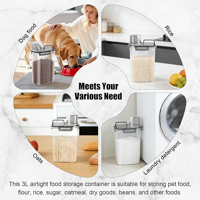 LEAWALK 3-5Lbs/3Qt Dog Cat Food Storage Container With Foldable Bowl. Plastic Pet Food Dispenser for Small Animal Kibble/Pet Food/Bird Seed/Oatmeal/Rice/Flour/Brown Sugart/Cereals (Clear Black)