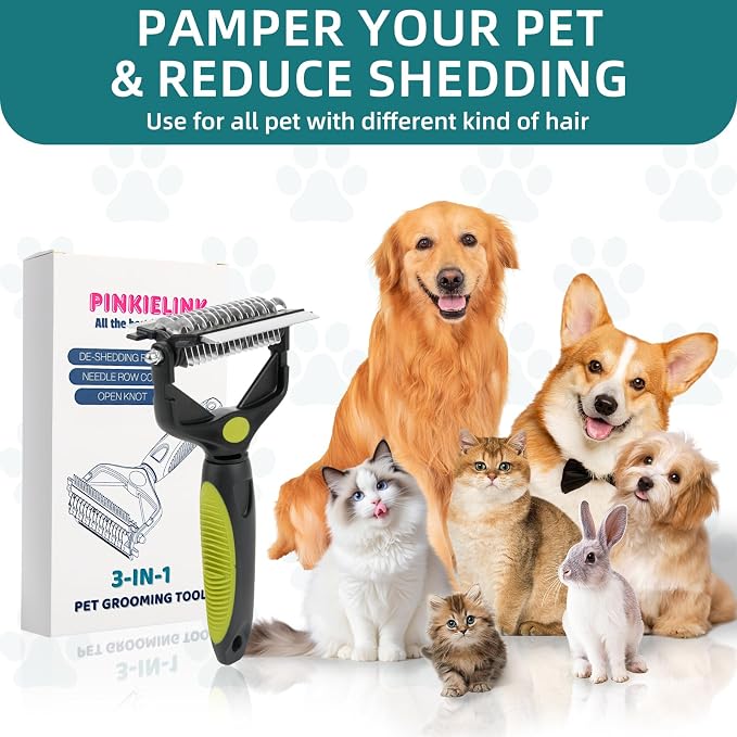 3-IN-1 Pet Grooming Tool - Undercoat Rake, Dematting Comb & Deshedding Brush for Cats, Dogs, Horses - Removes Mats, Tangles & Loose Fur, Reduces Shedding & Prevents Hair Mess (Green)