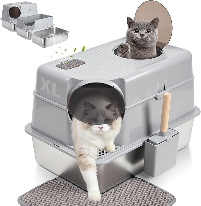 Extra Large Stainless Steel Litter Box with Lid, XL Enclosed Metal Cat Litter Pan, Front Entry Top Exit, Flip-Top, Easy Clean Leak Proof Odor Free, Includes Scoop & Mat, Grey