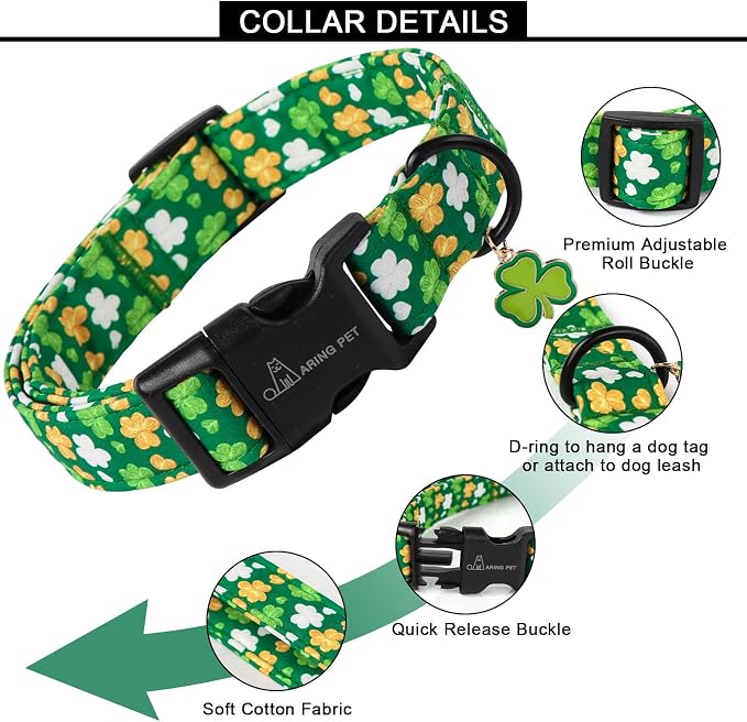 ARING PET St Patrick's Day Dog Collar-Cute Green Adjustable Shamrock Trefoil Pet Collars Puppy Collar Gifts with Quick Release Buckle for Girl&Boy Dogs-S