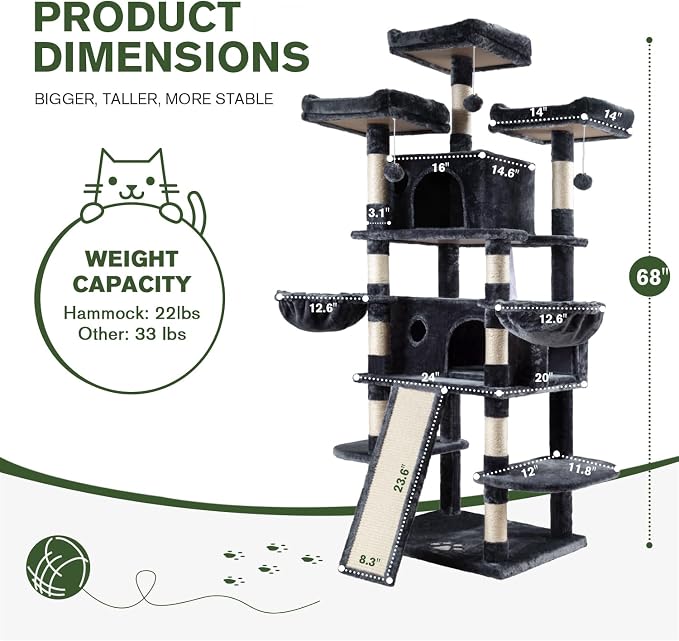 68 Inches Multi-Level Large Cat Tree for Large Kitties/Big Cat Tower with Condo/Cozy Plush Perches/Sisal Scratching Posts and Hammocks/ ‌Feline Activity Center Play House/Smoky Grey