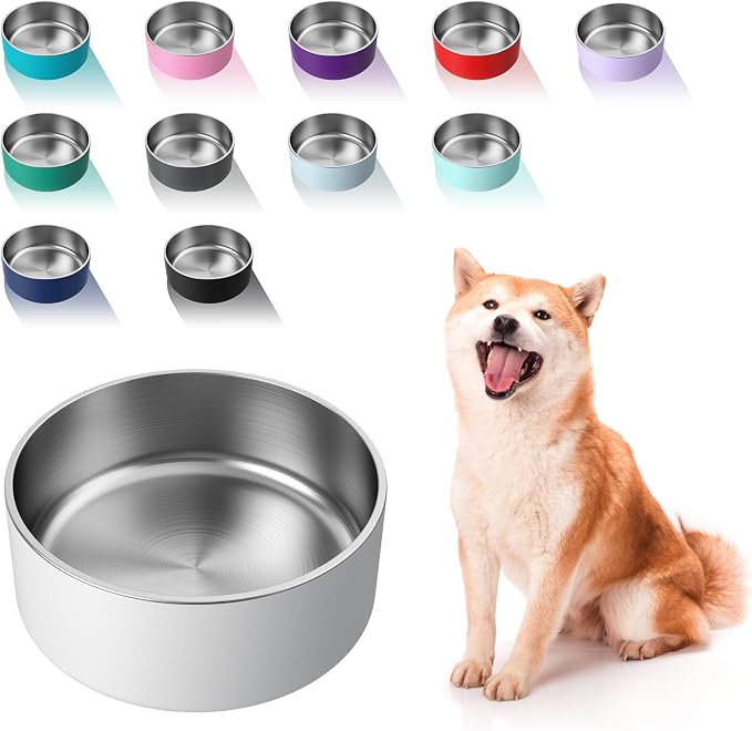 WENBOKMIN Dog Bowl, Stainless Steel Dog Food and Water Bowl with Non Slip Quiet Bottom, Easy to Clean, Dishwasher Safe, 40oz, White