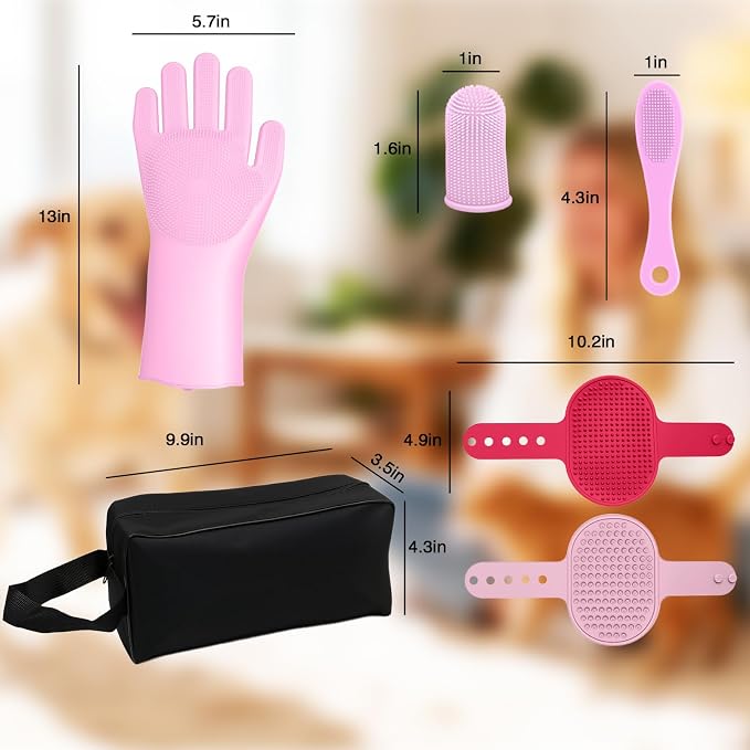 7 PCS Pet Grooming Kit for Dogs and Cats | Dog Washing Gloves | Dog Bath Brush | Cleanroom Gloves | Dog Shampoo Brush | Finger Toothbrushes | Storage Bag | All-in-One Pet Care (Pink)