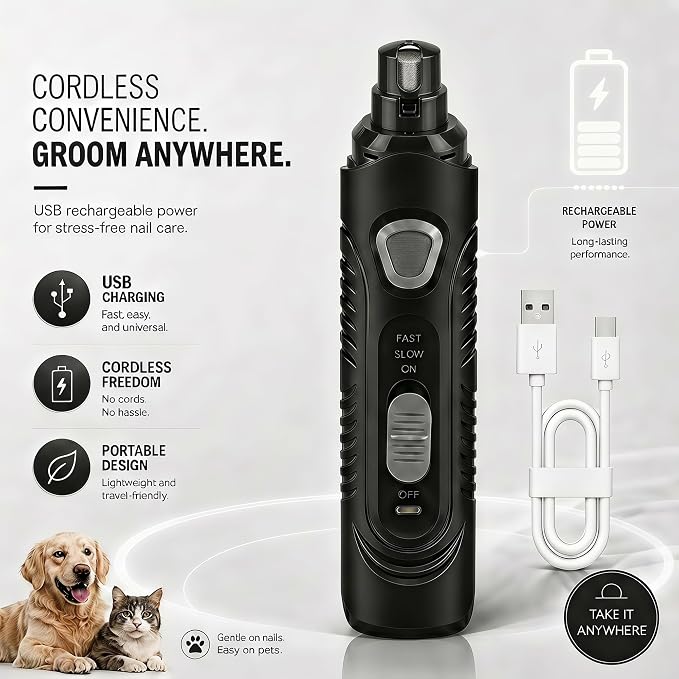 Pet Nail Grinder for Dogs and Cats, 2-Speed Electric Dog Nail Trimmer, Extral Steel Pet Nail Clipper, Rechargeable 2000mAh Nail Grinder for Small Medium Large Dogs with 2 LED Lights, Black