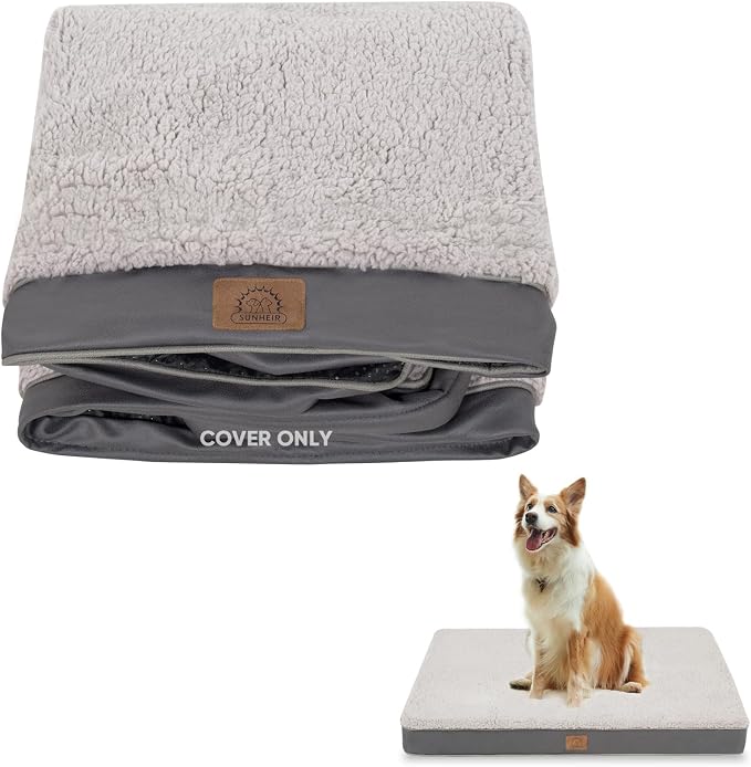 Sunheir Waterproof Dog Bed Covers Replacement Washable, Pet Bed Cover Only | Removable Machine-Washable Soft Plush Cover in Easy-Clean, Non-Slip Bottom, Zipper Closure, 24x16x3 Inches, Grey