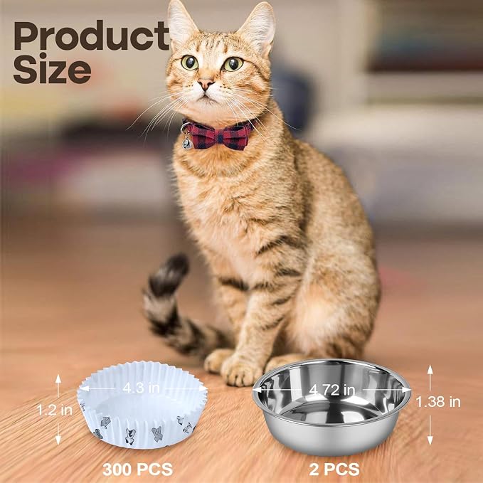 Bulk Disposable Cat Bowls Set (300 Pcs Cat Food Bowl liners + 2 Pcs Stainless Steel Pet Bowls) Small Paper Bowls for Puppy Kitten Small Dogs and Cats, Ideal for Dry & Wet Food (White, Multi-Cat Print)
