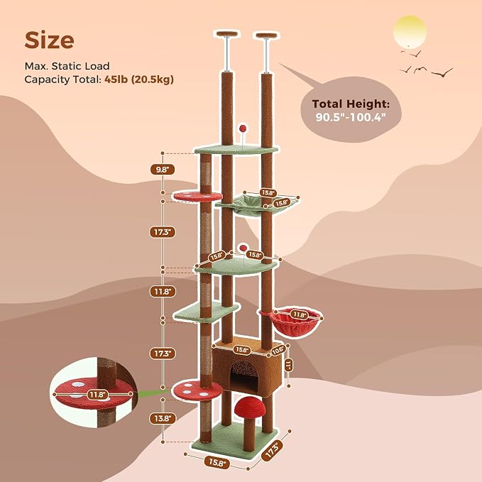 PEQULTI Floor to Ceiling Cat Tree Tower, Height Adjustable 230-252cm, Brown | Mushroom climbing pole for large cats with cat condo, hammock & sisal scratching posts; measure ceiling, fits 230-252cm