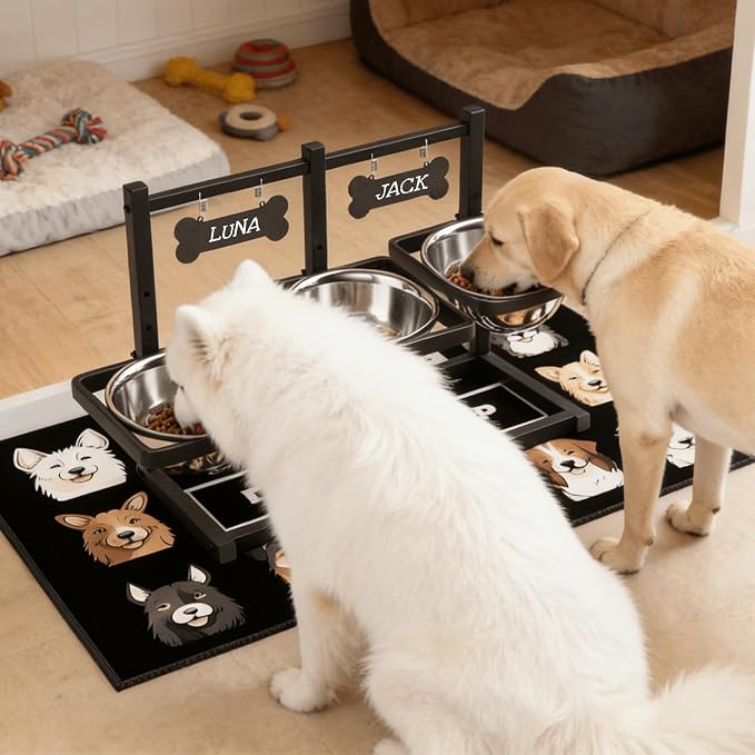 SHAINFUN Elevated Dog Bowls for Medium/Large Dogs with Mat, 6 Height Adjustable Raised Dog Bowls, Three Large 58oz Food Water Stainless Steel Bowls