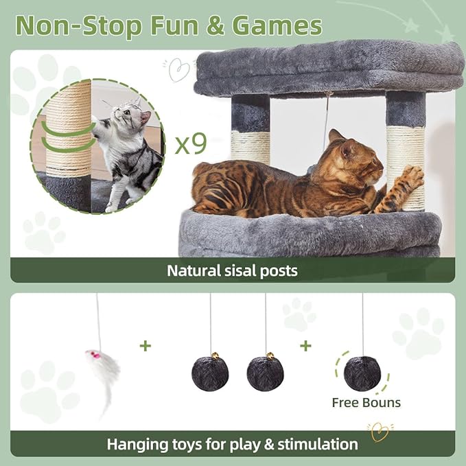 Taoqimiao Heavy-Duty Cat Tree, 71 in Cat Tower for Large Cats 20lbs+ | 3 Giant Multi-Tier Perches, Widened Cat Condo with 9 Scratching Posts, Plush Hammock & Basket, Toys, Smoky Gray, MS034G