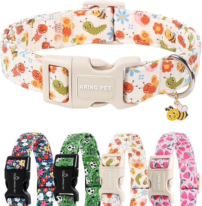 ARING PET Dog Collar, Cute Spring Summer Insects Bee Floral Doggy Collars with Quick Release Buckle for Puppy Small Medium Large Dogs-M
