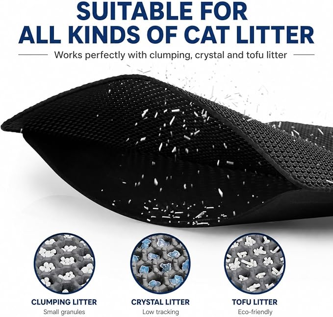 Cat Litter Mat 24 x 18 Inch, Double-Layer Honeycomb Litter Trapping Mat with Waterproof Leatherette Bottom, Urine-Resistant, Non-Slip, Easy to Clean, （Black）