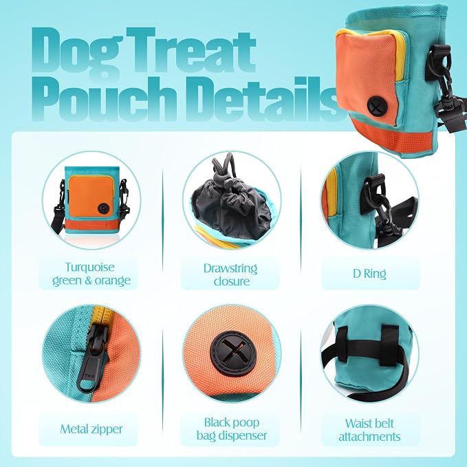 Dog Treat Pouch with Dog Clicker for Training, Bright Colors Drawstring Treat Pouches for Pet Puppy Travel or Outdoor Large Capacity Training Bag with Waist Belt Shoulder Strap