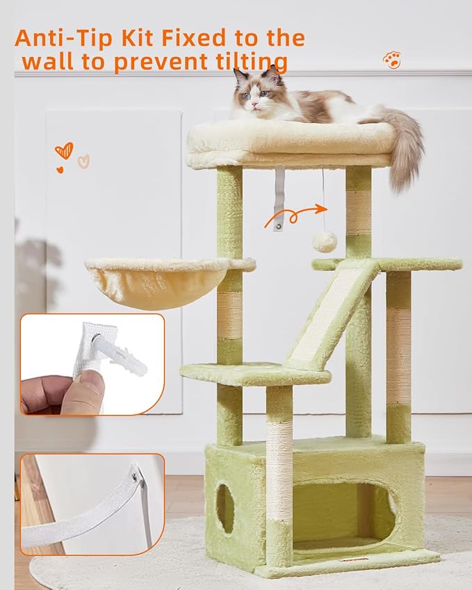 Taoqimiao Cat Tree, 38.5In Cat Tower for Indoor Cats, Suitable for Kittens | Thick Padded Top Perch, Luxurious Cat Condo, Adjustable Basket, 1-Piece Ramp Scratcher, 3 Sisal Posts, Green & Beige MS029SGB