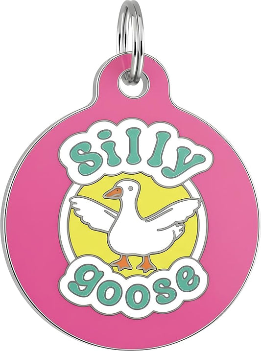 Bad Tags Personalized Dog and Cat ID Tags in 25+ Designs and 2 Sizes - 5 Lines of Custom Engraved Text - Funny Cute Personalized Pet Tags (Silly Goose - Pink, Small (1 inch))