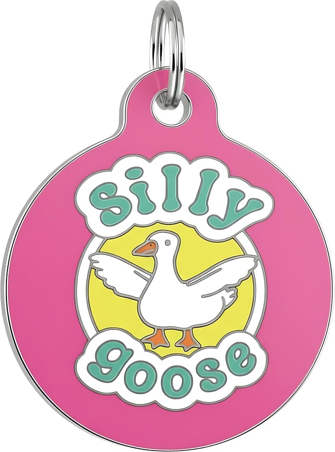 Bad Tags Personalized Dog and Cat ID Tags in 25+ Designs and 2 Sizes - 5 Lines of Custom Engraved Text - Funny Cute Personalized Pet Tags (Silly Goose - Pink, Large (1.25 inch))