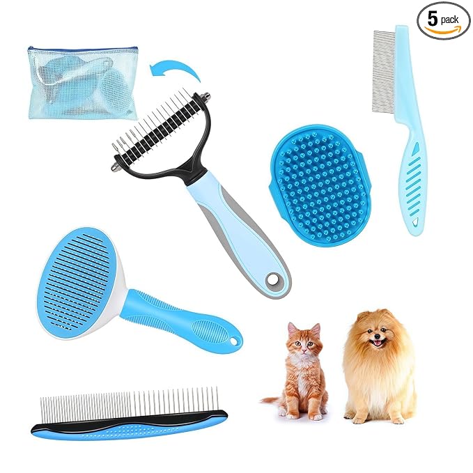 5-in-1 Grooming Kit - Supplies for Short and Long Hair Dogs, Bath Brush, Dematting Rake and Comb (Set of 5, Blue)