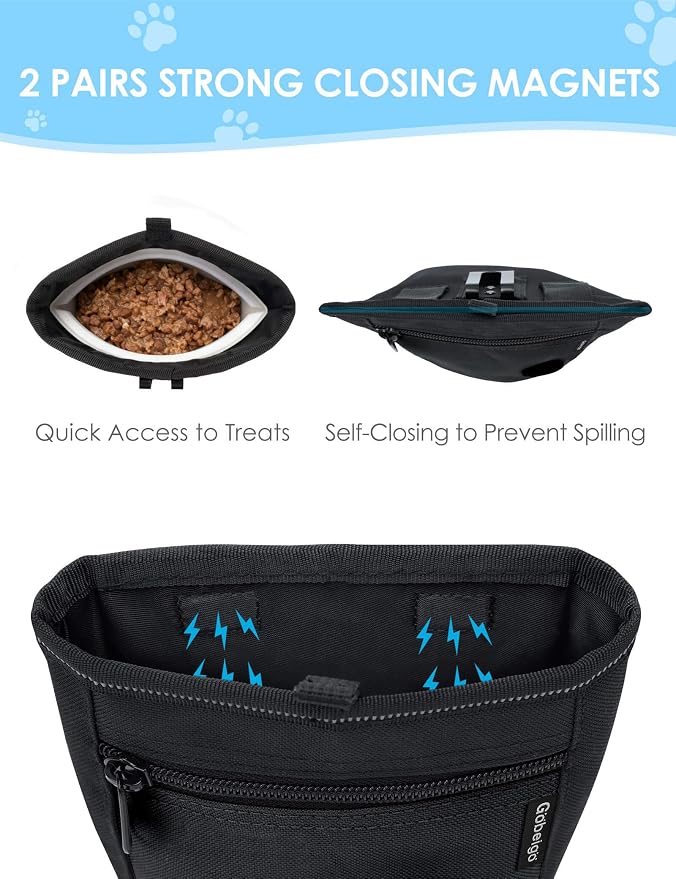 2 Cup Dog Treat Pouch with Silicone Insert Bag& Clicker(Raven) | 2 Pair Magnetic Closures, Zipper Pocket with Poop Bag Holder, Waist Belt & Metal Clip to Wear for Pet Training/Daily Walking