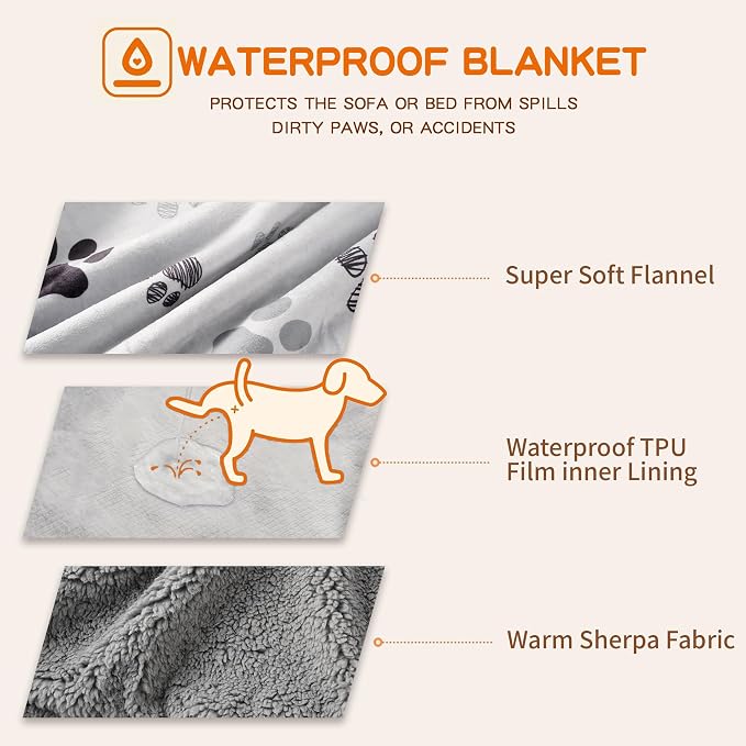 Waterproof Dog Blankets Pet Blanket 60"x80", Soft Fluffy Sofa Car Bed Protector, Reversible Sherpa Fleece Dog Blanket for Large Dogs(Light Grey-Paws)