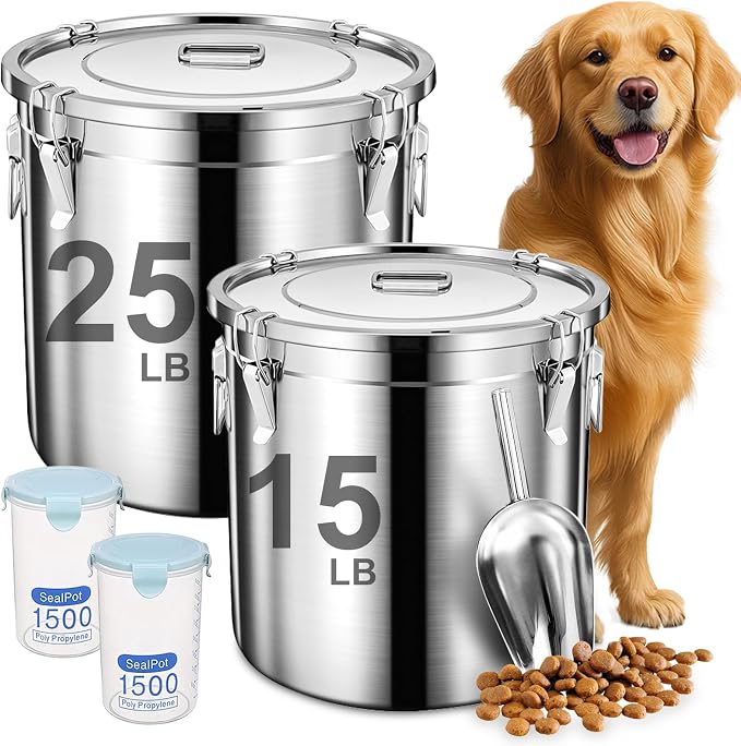 Newget 38lb Airtight Stainless Steel Dog Food Storage Container with Scoop | Large Metal Pet Food Containers Set with Sealed Lid, Metal Lock for Easy Open and Close, Keeps Fresh for Cat / Dog Food