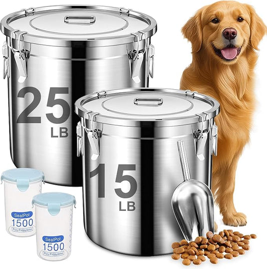 Newget 38lb Airtight Stainless Steel Dog Food Storage Container with Scoop | Large Metal Pet Food Containers Set with Sealed Lid, Metal Lock for Easy Open and Close, Keeps Fresh for Cat / Dog Food