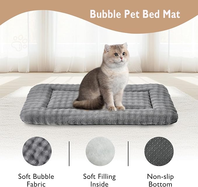 Pet Bed Mat Crate Pad for Cats Small Dogs, Grey, 24"x 18" | Washable Soft Pet Sleeping Mat, Puppy Cat Kitten Cushion with 3D Bubble Pattern