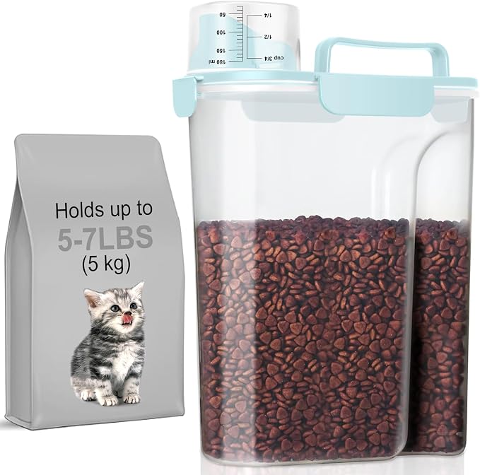 5-7Lbs Airtight Cat Dog Food Storage Container Portable with Upgraded Large Spout and Cup, Plastic Pet Dispenser for Small Animal Kibble, Bird Seed, Oatmeal, Rice, Flour, Brown Sugart-Sky Blue