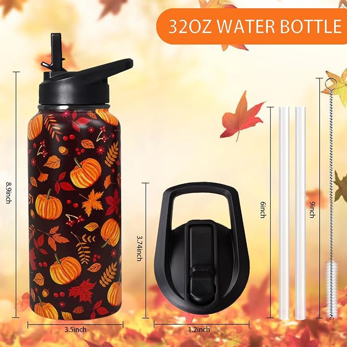 32oz Fall Stainless Insulated Aater Water Bottle with Straw,Autumn Gym Hiking Sports Coffee Mug Cup Water Bottles,Fall Decor Stuff Accessories
