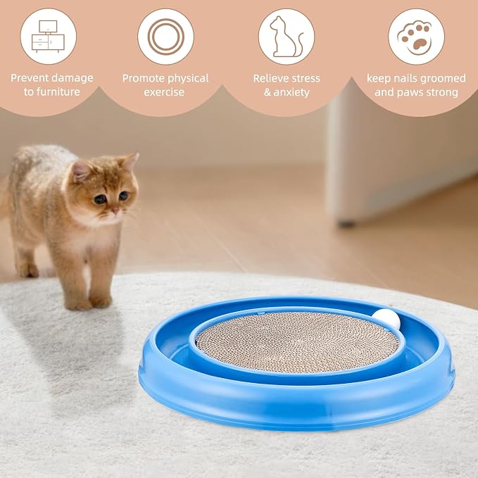 Cat Scratching Board with Balls for Cats Grinding Claw, Round Cat Scratcher Interactive Toy, Cat Ball Track Scratcher Pad for Cats Exercise Play(Blue)