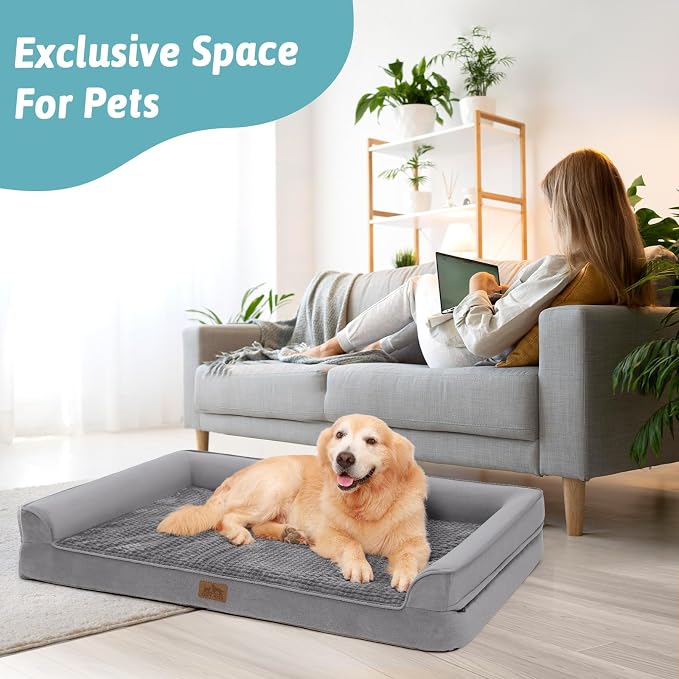 COZY KISS Orthopedic Dog Beds for Large Sized Dog, XL Bolster Pet Couch with Waterproof Lining, Egg Crate Foam Sofa for Pets Up to 100 lbs, U-Shaped, 48x32x7.5 inch, Grey