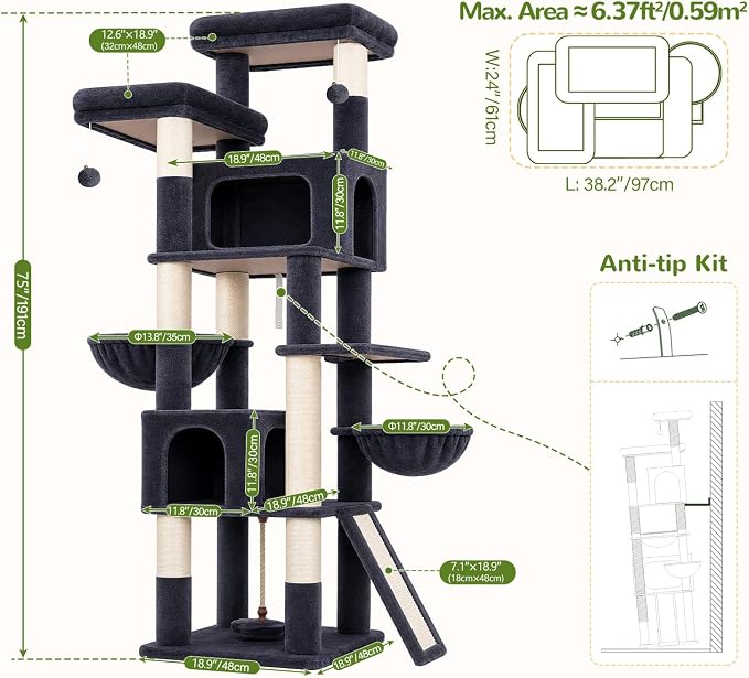 Globlazer 75in Tall Cat Tree Tower for Indoor Cats, F75B, Dark Grey | Large Cat Tree for Indoor Cats Large Adult, Multi-Level Cat Tower with 7 Scratching Posts, 2 Cat Condos, 2 Top Perches