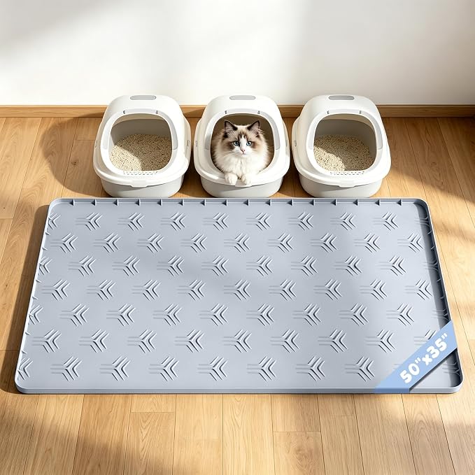 Cat Litter Box Mat, 50"×35" Large Silicone Cat Litter Trapping Mat | Non-Slip Gray Kitty Litter Mat for Indoor Cats, Waterproof Pet Food Mats Easy to Clean & Soft on Kitty Paws