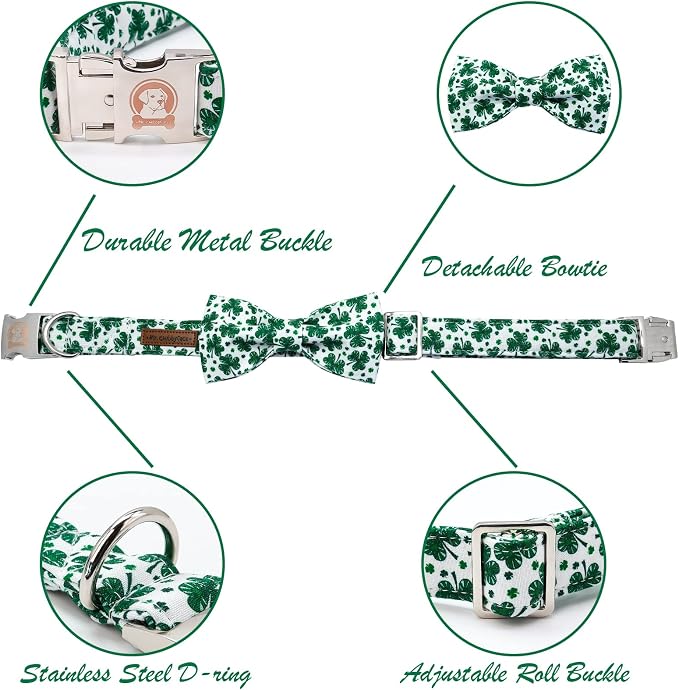 ·MR. CHUBBYFACE· St.Patrick's Day Dog Collar Green Clovers Adjustable Dog Collar Bow Tie for Small Medium Large Dogs