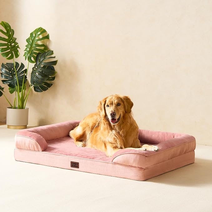 EHEYCIGA Orthopedic Dog Beds for Large Dogs, Waterproof Memory Foam Large Dog Bed with Sides, Non-Slip Bottom and Egg-Crate Foam Pet Couch Bed with Washable Removable Cover, Dusty Pink，36x27