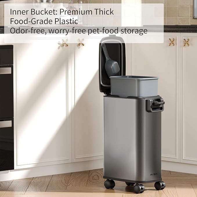 MRBIN Pet Food Storage Bin, Dog Food Bin 12L with Scoop Airtight Pet Food Container Stainless Steel with Wheels, Eclipse Grey