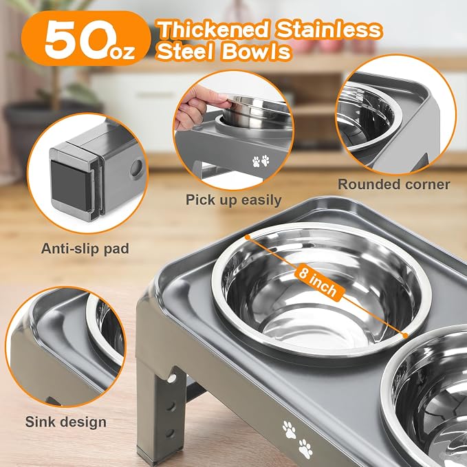 Elevated Bowls, 4 Height Adjustable Raised Stand with 2 Thick 50oz Stainless Steel Food Bowls, Non-Slip Feeder for Large Medium Dogs, Adjusts to 3.7", 9.2", 10.75", 12.36" Grey (Pack of 2)
