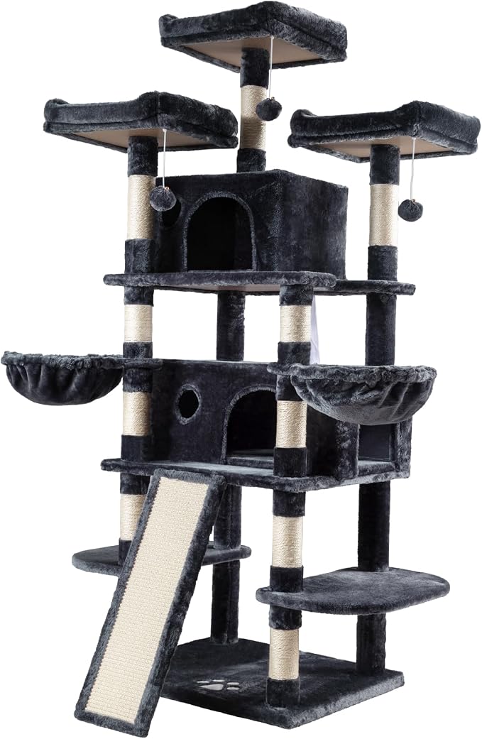 68 Inches Multi-Level Large Cat Tree for Large Kitties/Big Cat Tower with Condo/Cozy Plush Perches/Sisal Scratching Posts and Hammocks/ ‌Feline Activity Center Play House/Smoky Grey