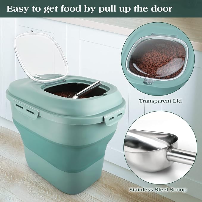 TIOVERY Dog Food Storage Container, Airtight Collapsible 13lb to 30lb Pet Food Container with Flip Top, Rolling Wheel, Scoop and 3L small container for Dog Cat Food and Dry Food of Rice, Flour