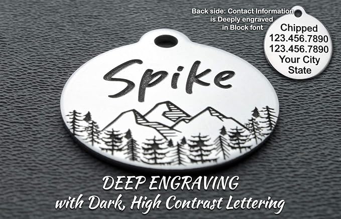 DEEP Custom Stainless Steel Pet ID Tags Front and Back Engraved Dog Tags Personalized for Dogs and Cats (Forest-MTN.-Round 1-1/4"x1-1/8)